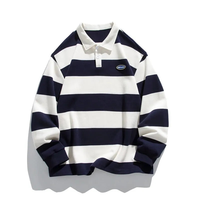 Hong Kong style lapel polo shirt sweater in pearl cotton with striped pattern and loose fit design