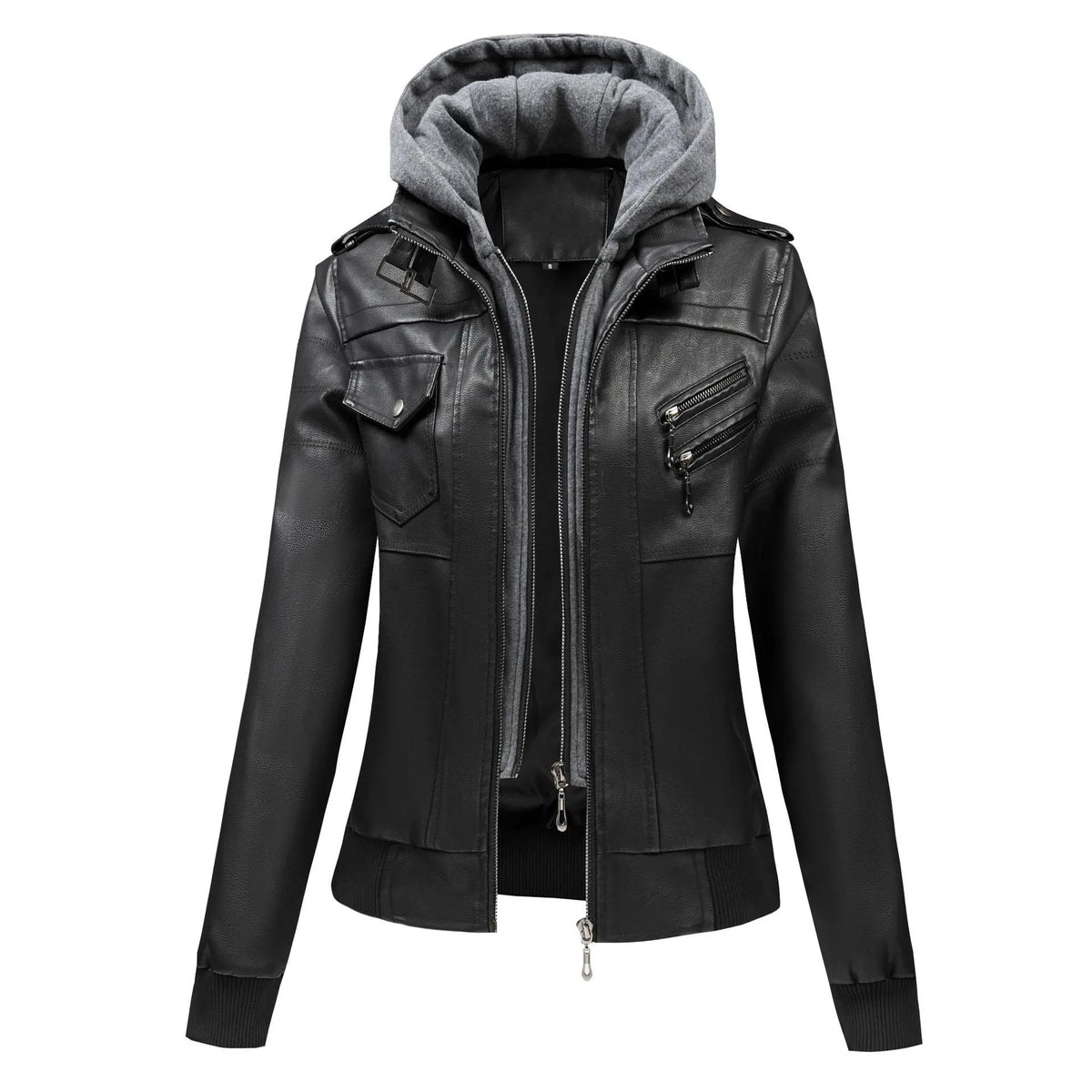 Women's faux leather motorcycle jacket in black, loose fit, sizes S to XXL, with pocket and no fur collar
