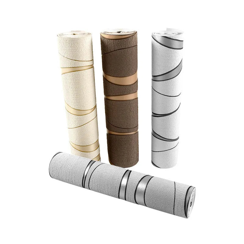 Curve stripe pattern 3D decorative wallpaper roll with velvet texture in light grey and dark brown colours.