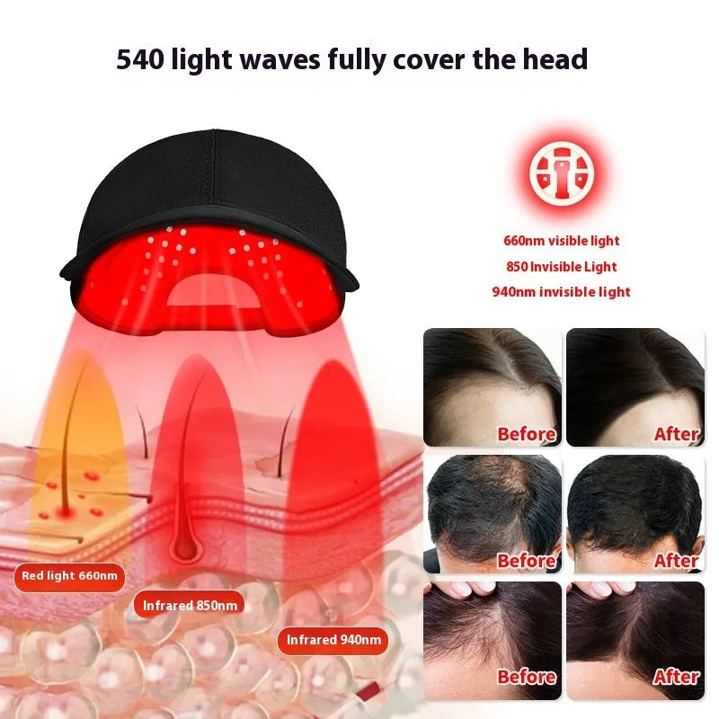 Black infrared red light therapy cap with 180 LED lights for hair growth treatment