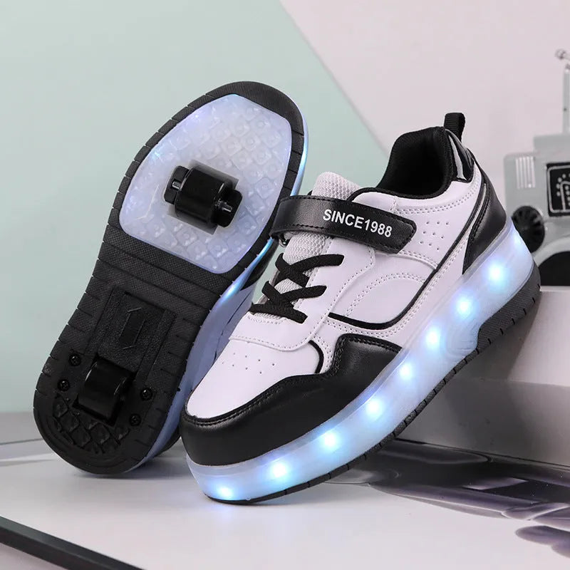 Child wearing charging flash rollerskates with illuminated LED wheels, showing pink and black colour options.
