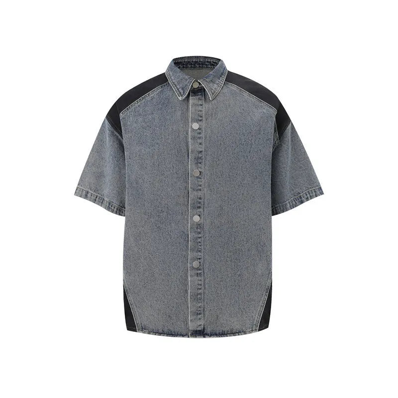 Retro washed denim suit for men featuring a short sleeve jacket and matching trousers.
