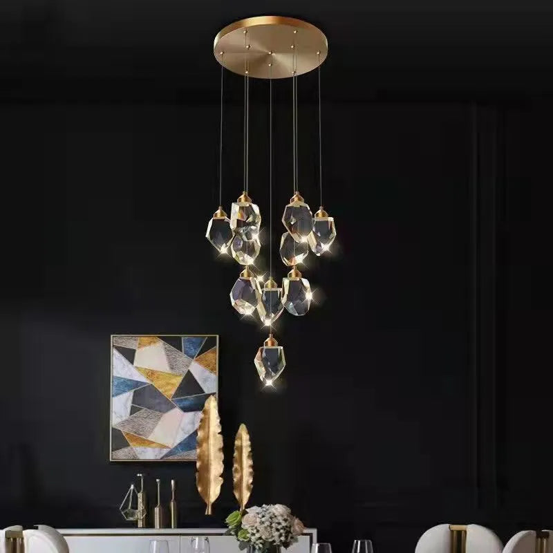 Long crane crystal chandelier ceiling lamp, 220V, available in 10 or 20 heads for duplex stairs and corridors