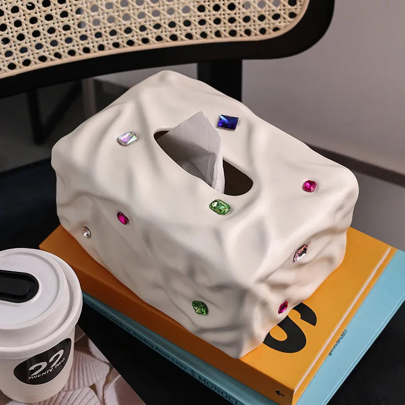 Ceramic tissue box with gem party decoration in matte coconut milk white finish