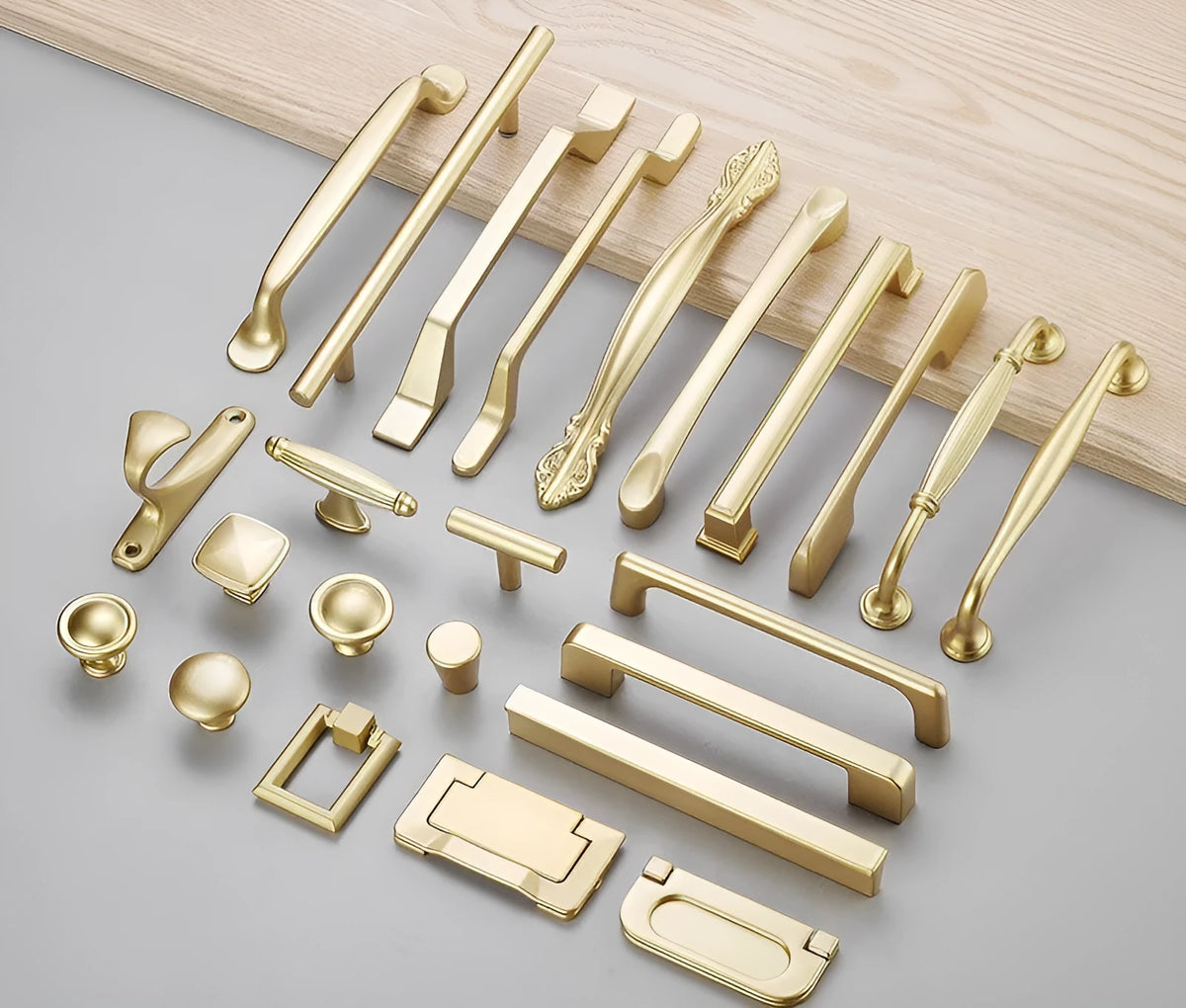 Gold T-shape single hole cabinet handle with aluminium alloy construction showing three hole distance options