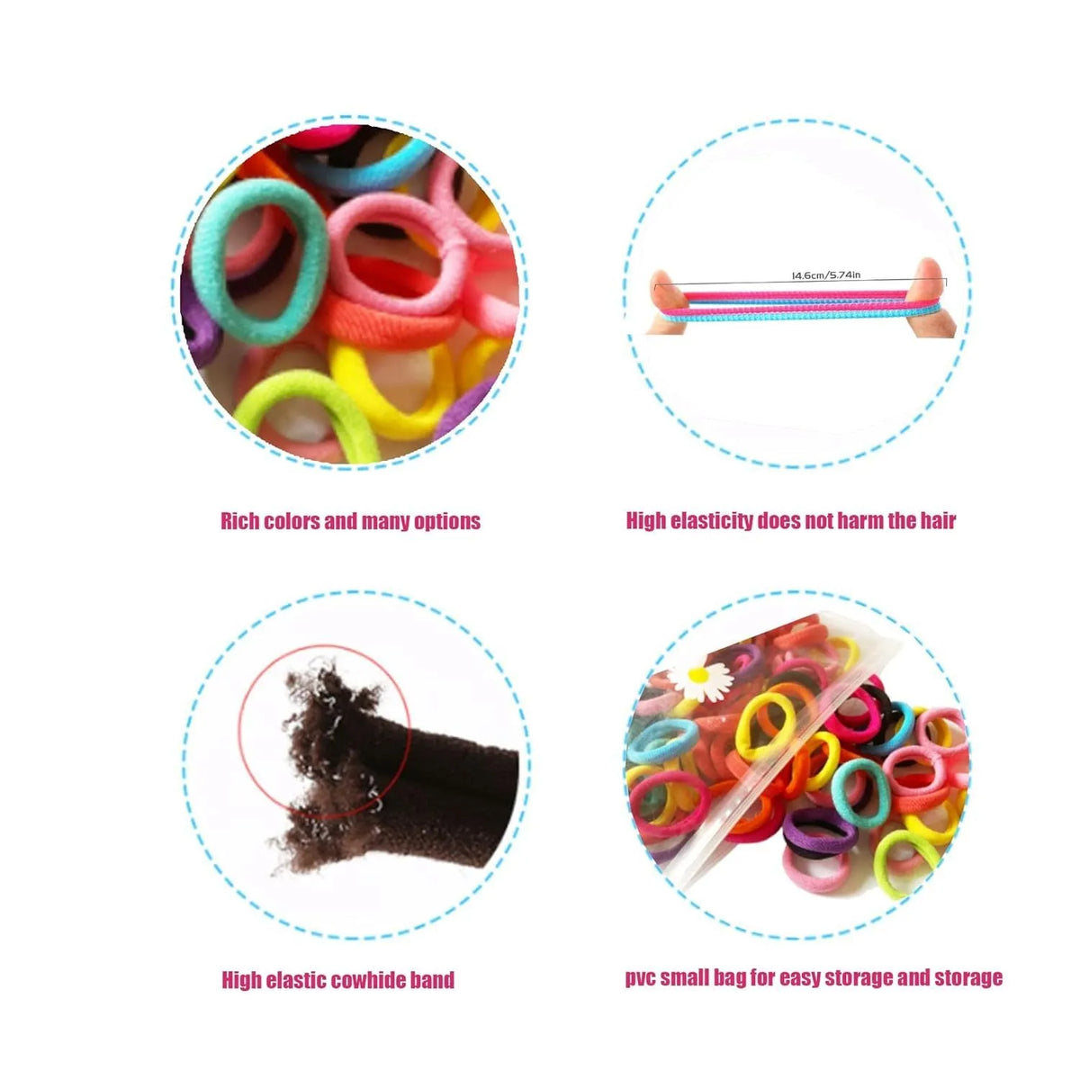 100 multicolour seamless cotton baby hair ties in small jar packaging for toddler hairstyling