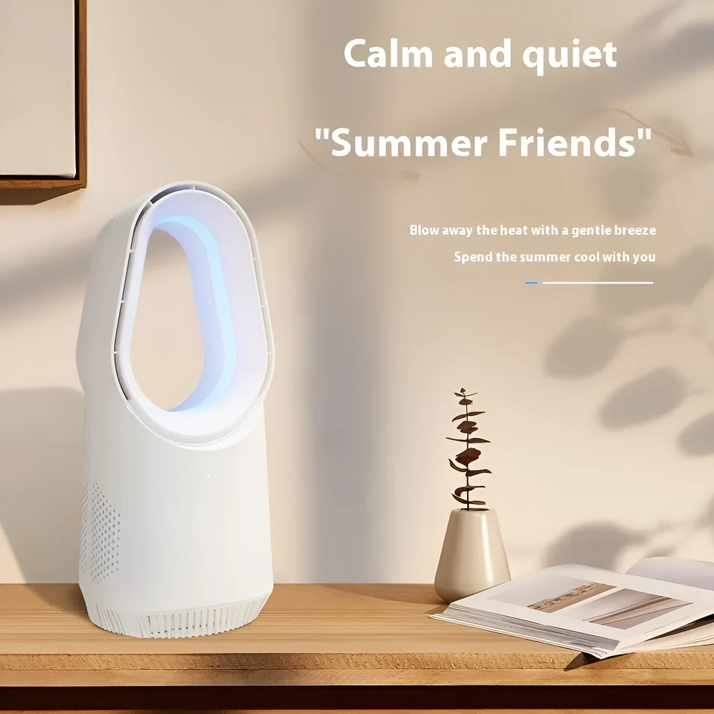 White SK bladeless tower floor fan with remote control on a wooden floor next to a desk.