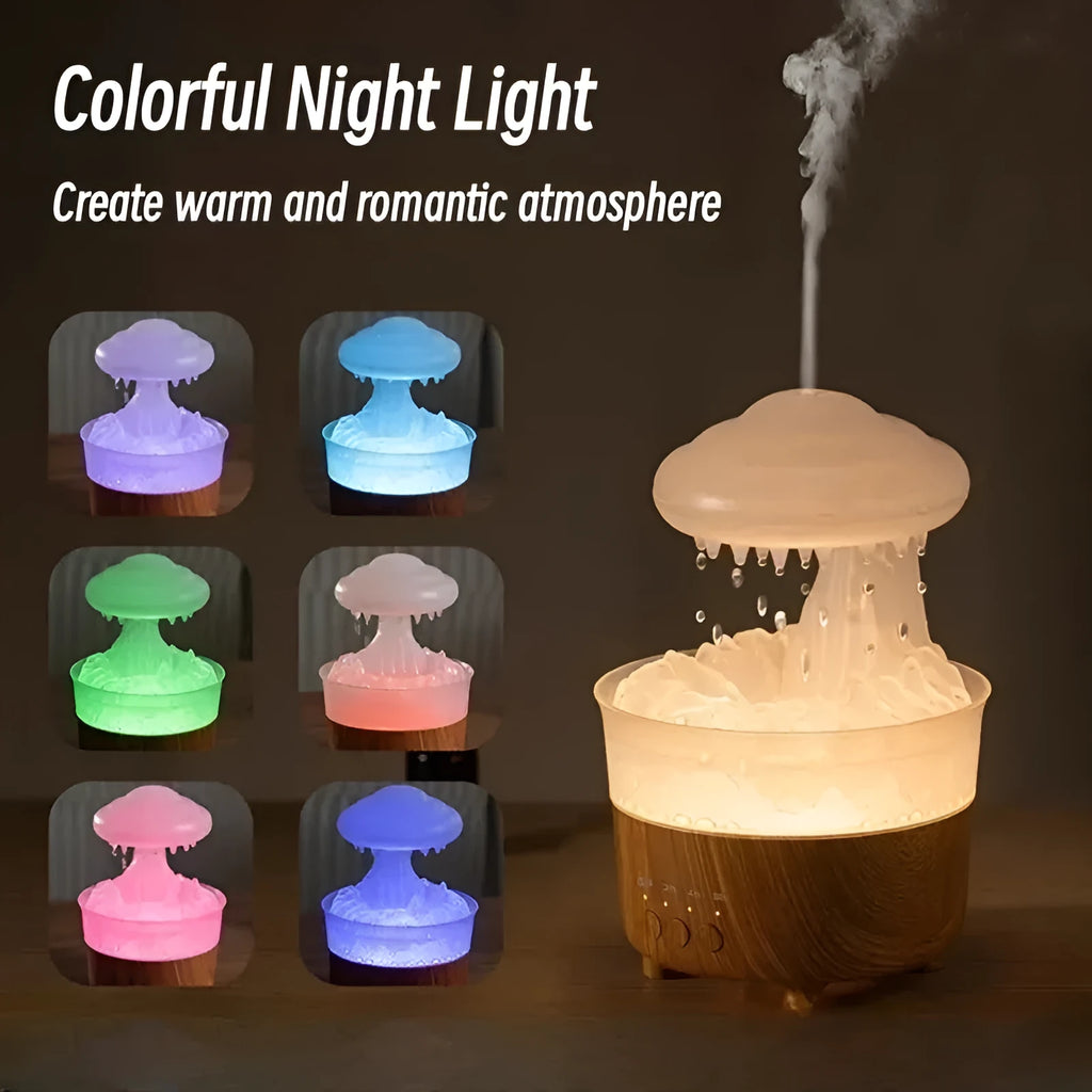 Rain cloud shaped humidifier with wood grain finish emitting mist and glowing with 7-color LED light