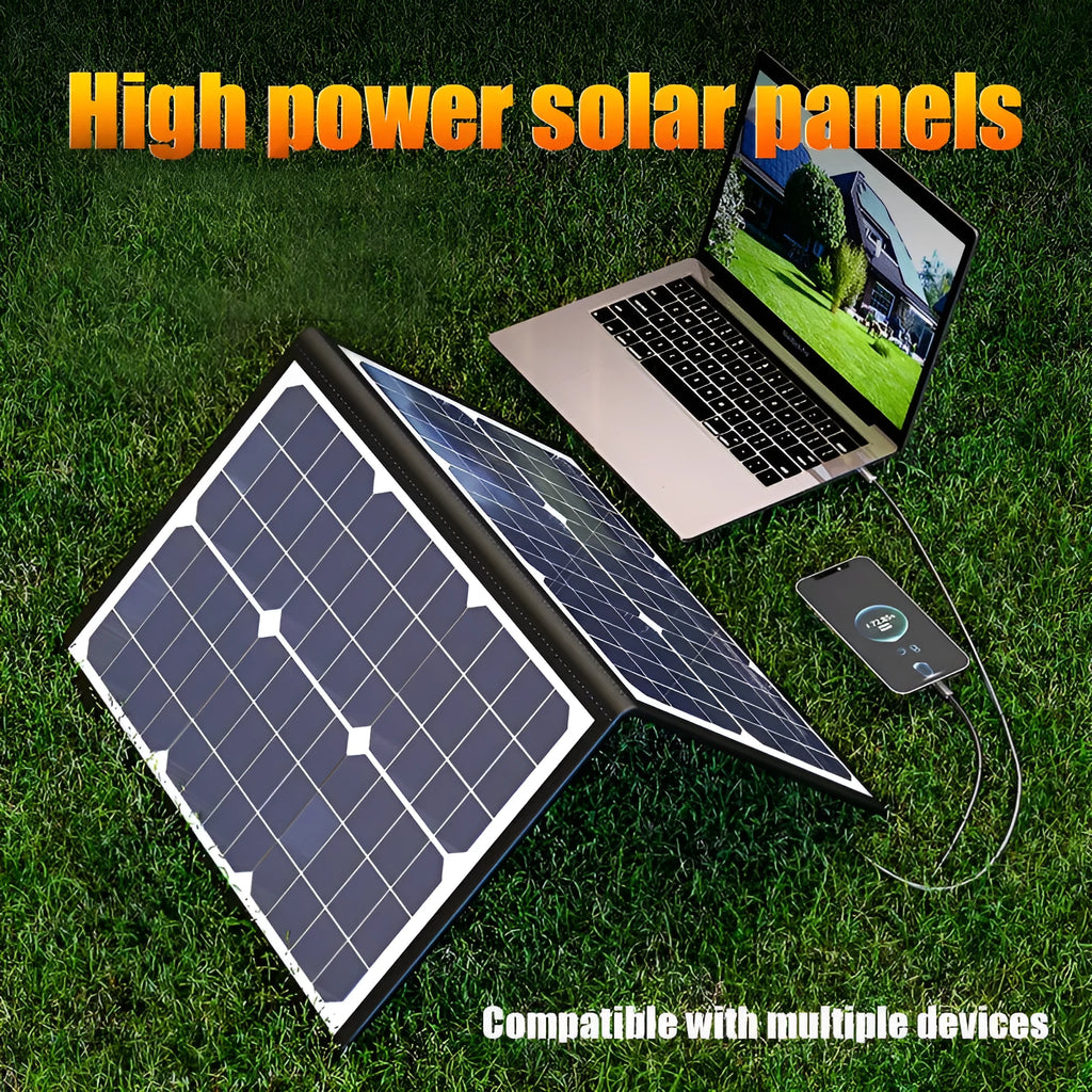 Black 40W single crystal solar folding bag panel measuring 425x285x8mm for outdoor camping and emergency charging