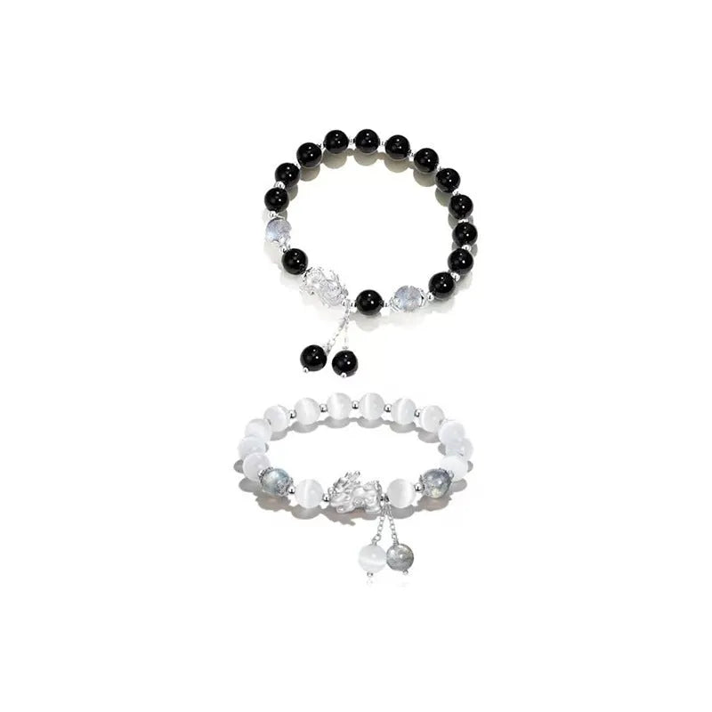 Natural black agate and grey opal couple bracelet set with 10mm wave beads and money painting elements