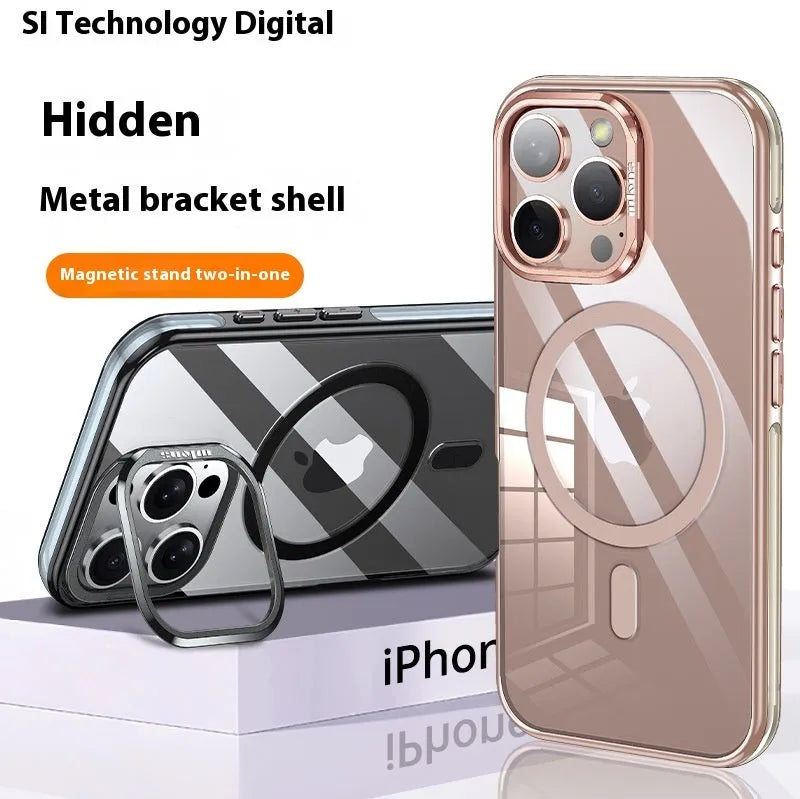 Transparent electroplated iPhone case with metal bracket and airbag corners, in Titanium Black