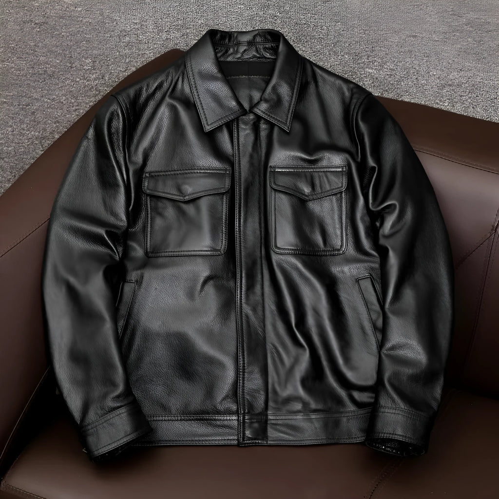 Men's retro pattern PU leather jacket in black with side pockets and loose fit