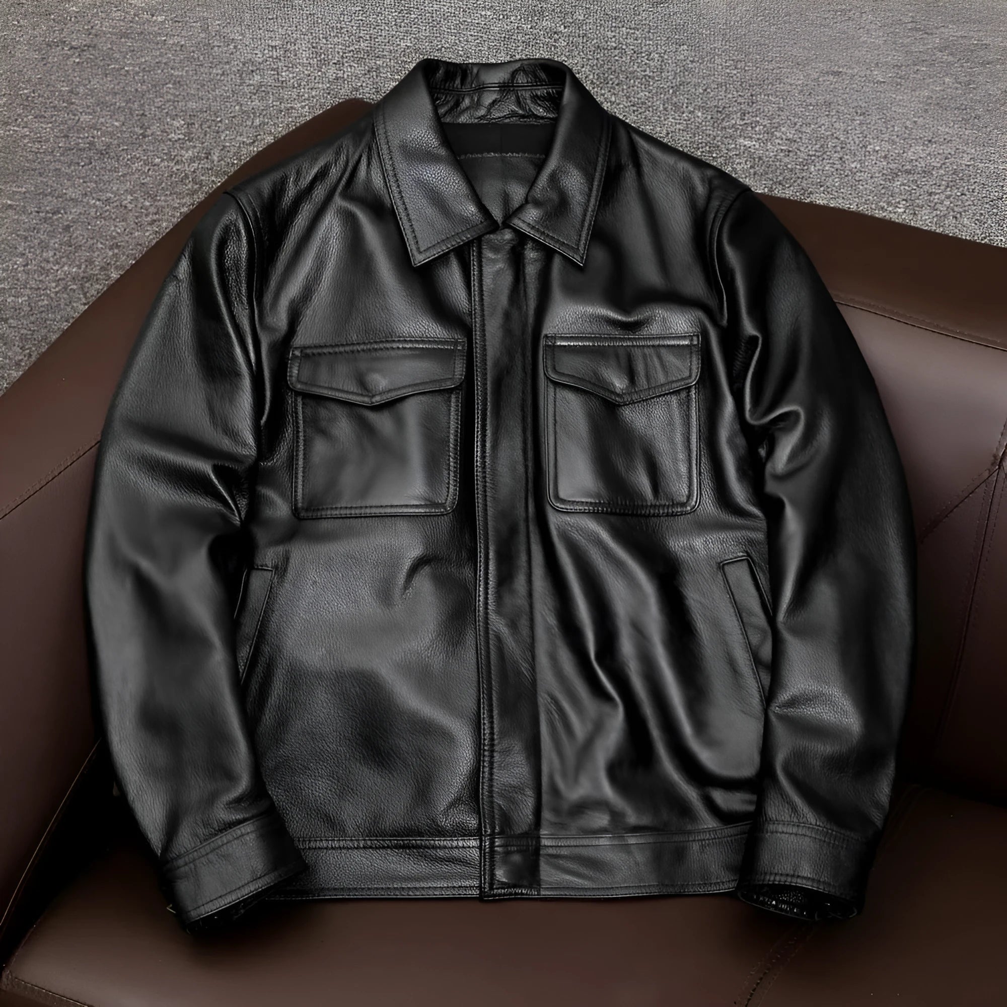 Men's retro pattern PU leather jacket in black with side pockets and loose fit