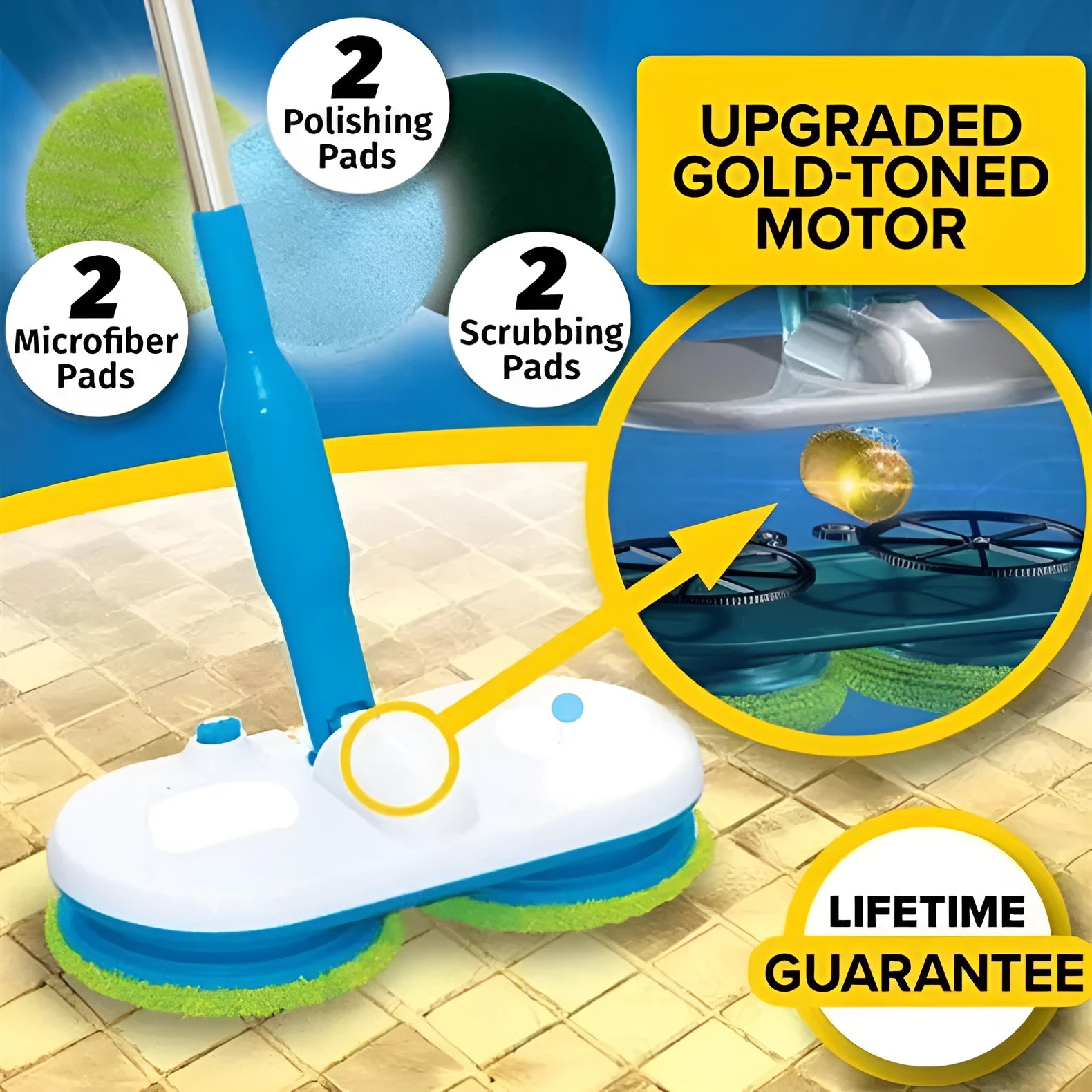 Wireless electric floor cleaning mop with multiple washable microfiber, polishing, and scrubbing pads