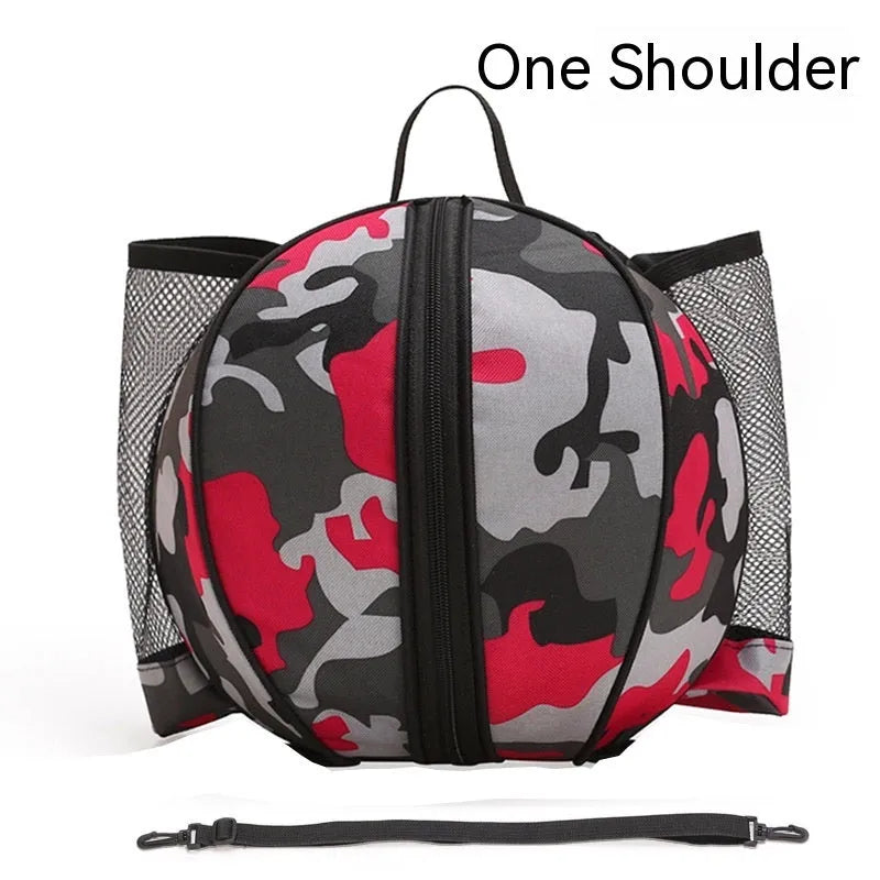 Oxford cloth basketball training bag with adjustable strap shown in a camouflage colour option.