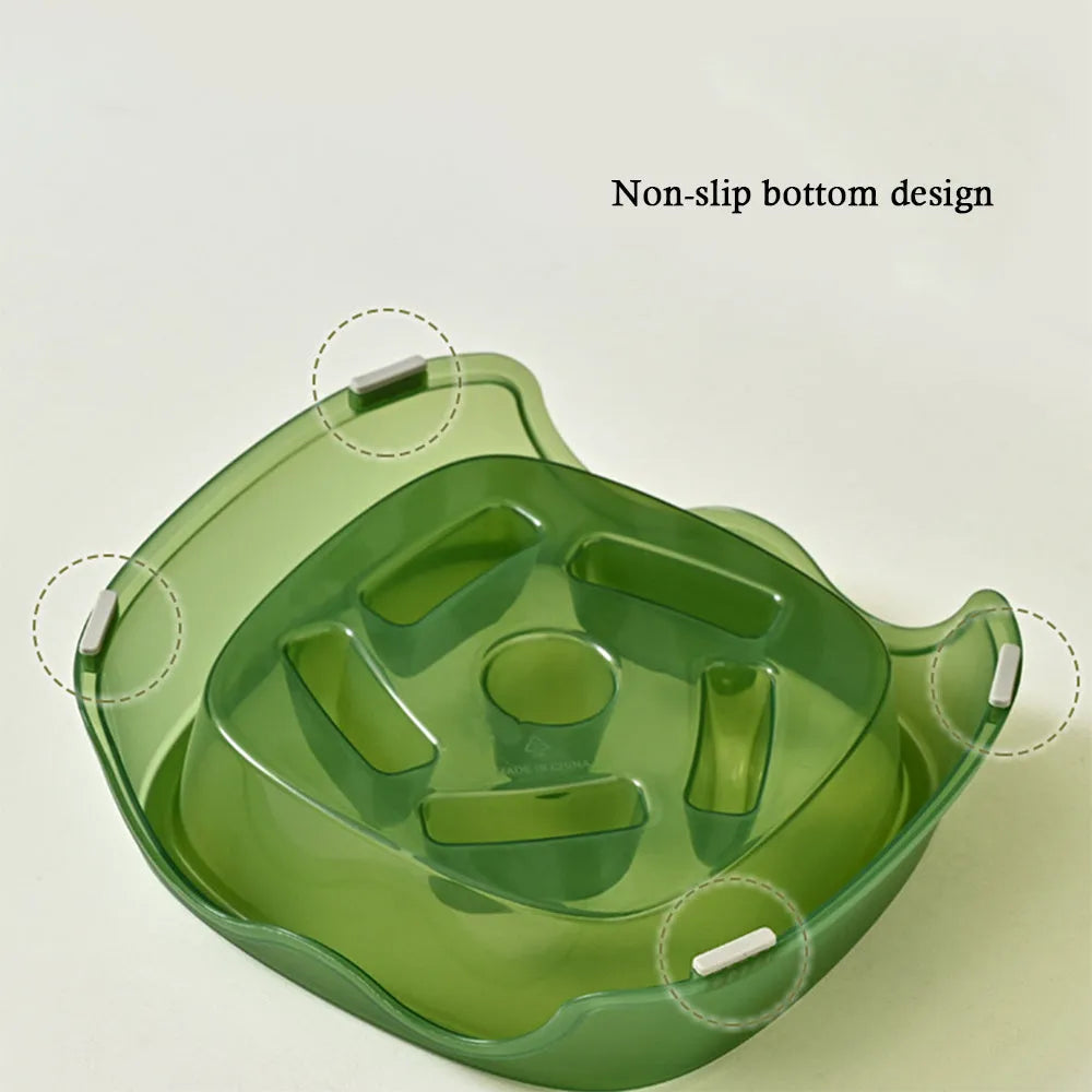 Blue plastic slow feeder dog bowl with raised obstacles for anti-choking design