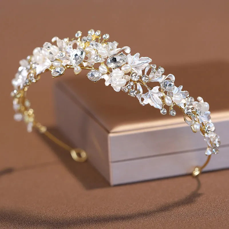 Women's gold alloy crown headdress hair accessory with pearl detailing for formal events
