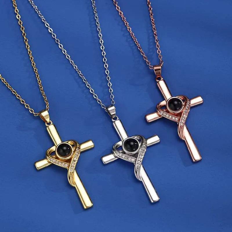Heart and cross projection necklace in UV gold, silver or rose gold plating on copper