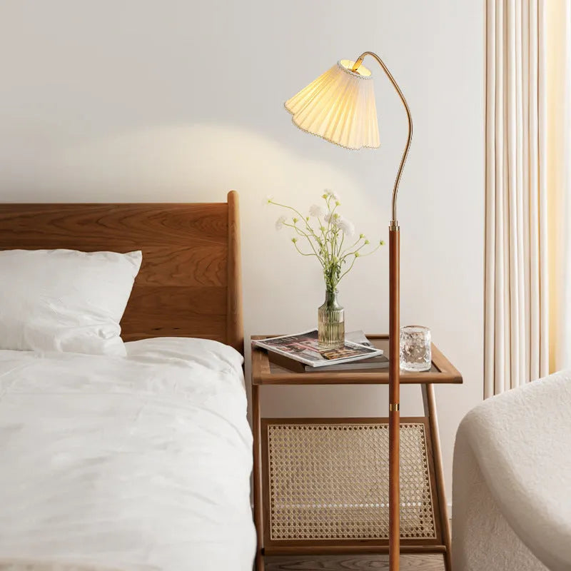 Walnut solid wood floor lamp with fabric shade, Nordic style, remote control, 220V, sofa side vertical lamp