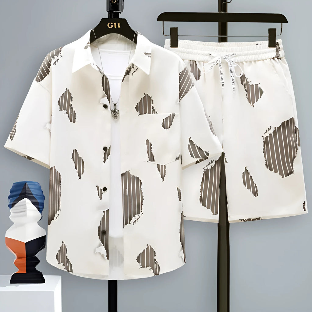Men's casual polyester short sleeve top and matching shorts two-piece set on a hanger