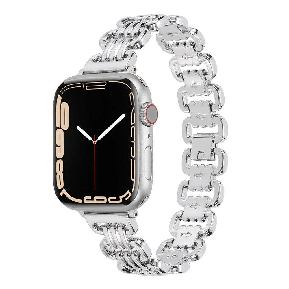 Alloy metal ladies watch bracelet for Apple Watch in silver, black, gold, rose gold, and Starlight colours.