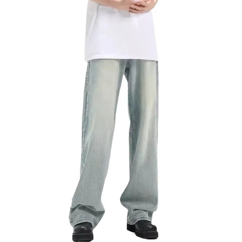 Blue loose-fit rabbit fur retro jeans with an elastic waistband on a neutral background.