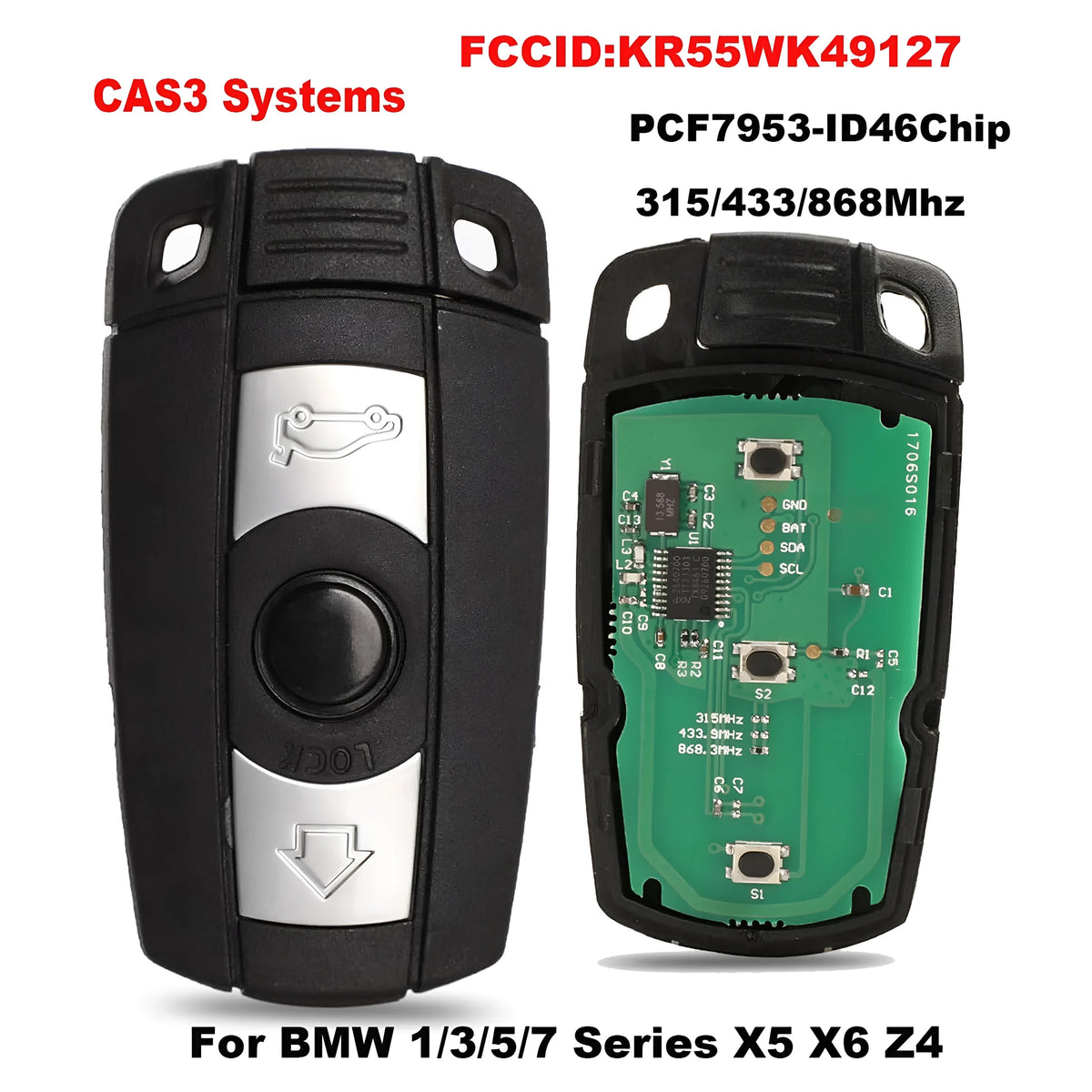 BMW semi-intelligent remote car key fob with three buttons, metal and plastic casing.