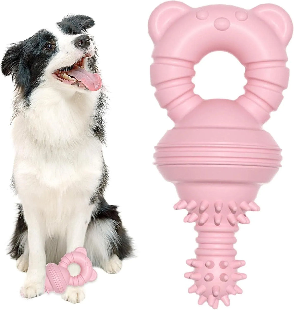 Blue rubber dog chew toy with textured surface and bell feature for teeth cleaning and play