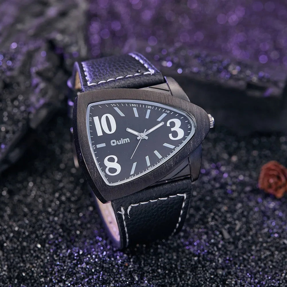 Men's casual analogue watch with triangle pattern band, shown in brown, black, and blue colour options.
