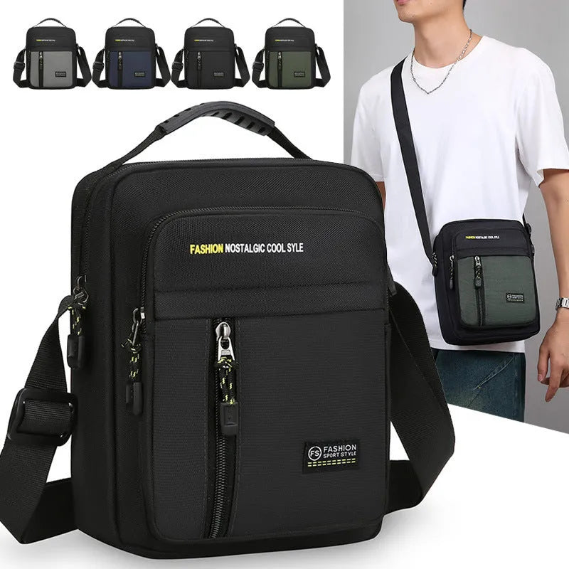 Men's casual nylon crossbody messenger bag showing sewing thread detail, available in black, blue, gray, or green.