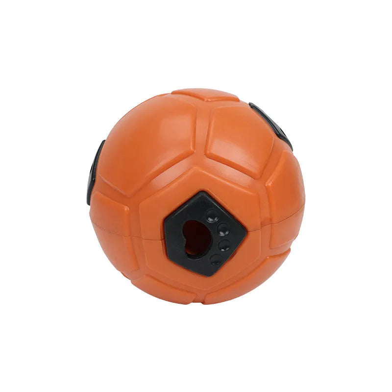Orange and white TPR dog toy balls showing hollow style and tooth cleaning stick designs