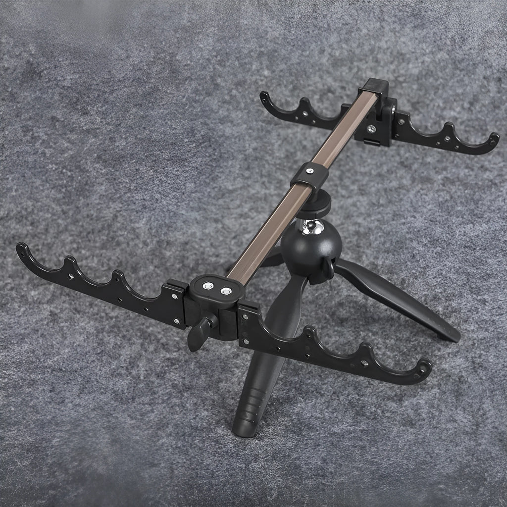 Aluminium ice fishing triangle rod holder bracket supporting a small fishing rod