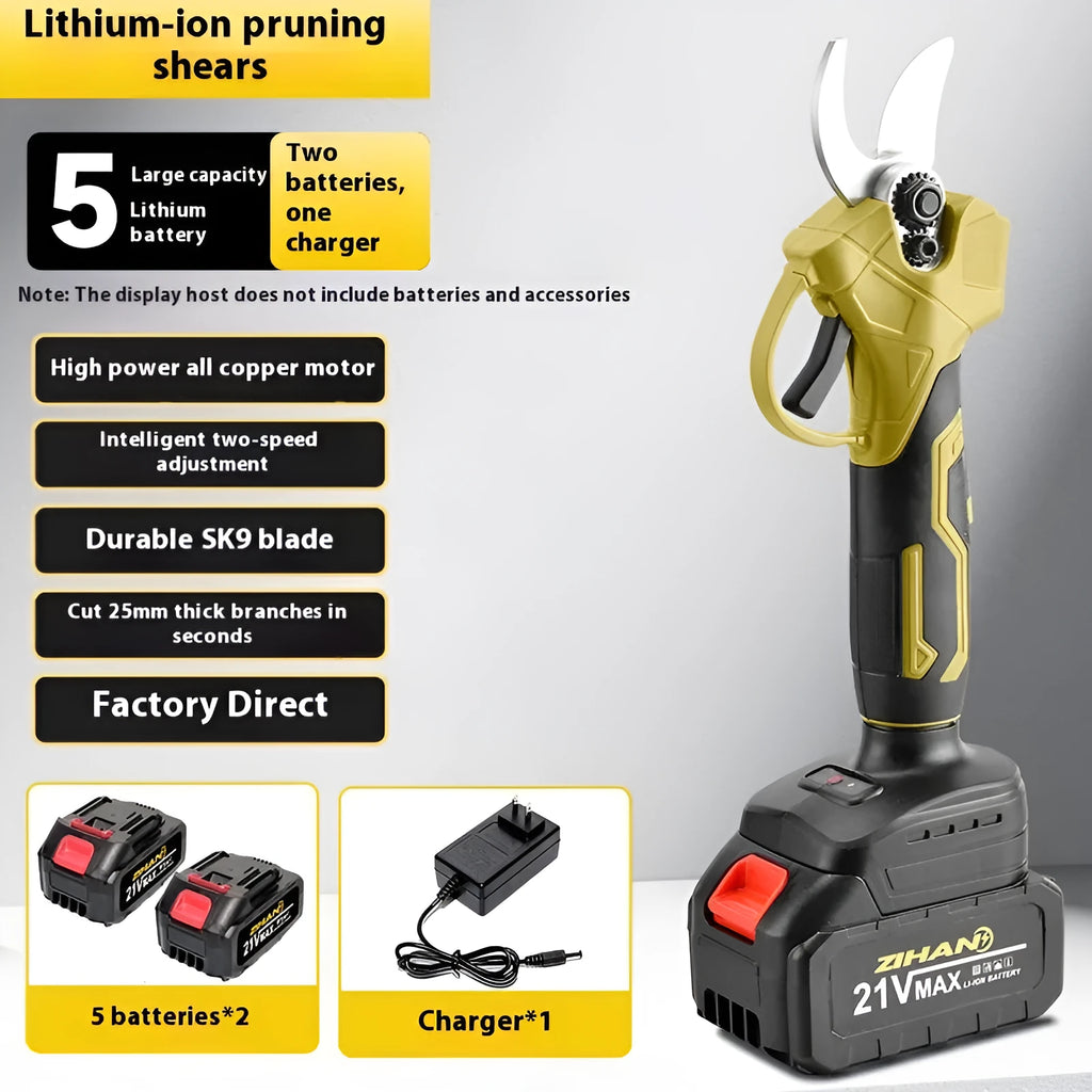 Electric pruning shear with lithium batteries and plastic storage case open showing compartments.