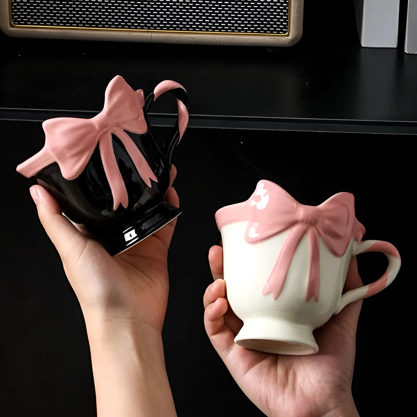 Ceramic heart bow mug with handle in white powder or black pink colour, 330ml capacity