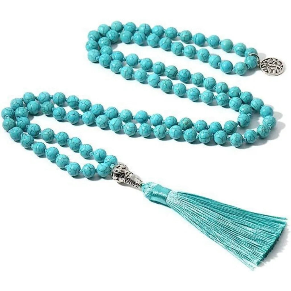Handmade knotted beaded necklace with 108 stone beads on an 81cm chain