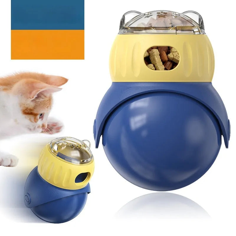Owl-shaped plastic cat puzzle feeder with tumbler mechanism in Morandi yellow and blue colours