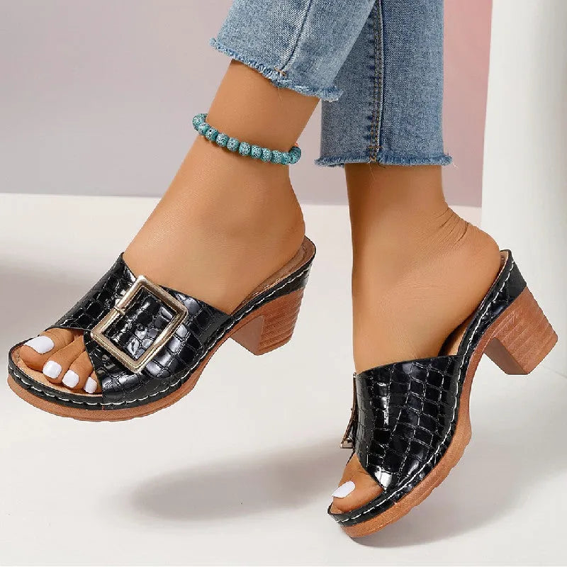 Crocodile-textured buckle slide sandals with square chunky heel and peep-toe front, black or orange