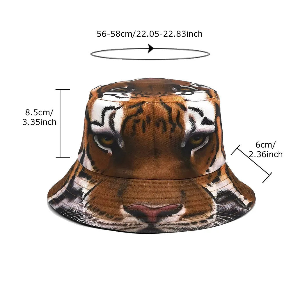 Tiger pattern bucket hat with dome crown in khaki or black colour options