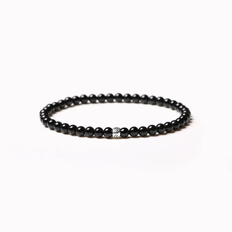 Geometric electroplated agate unisex bracelet with obsidian, blue san, and black agate 4mm beads.