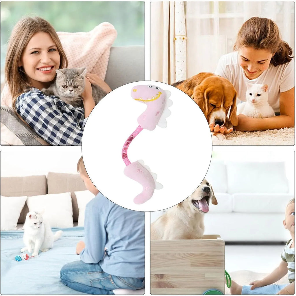 Set of four plush cat toys in pink, purple and yellow colours measuring 23cm long