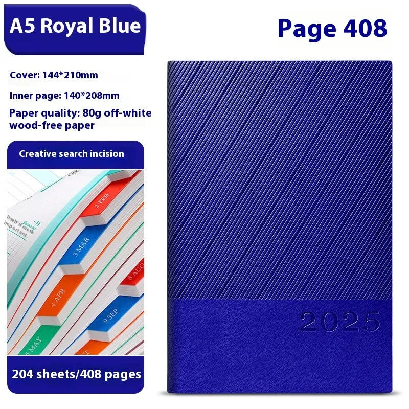 A4 notepad with striped PU leather cover open to show 80g wood-free paper pages