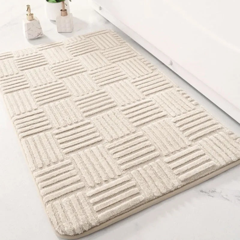 Solid colour polyester non-slip floor mat for bathroom or bedroom doorway, square shape, beige colour