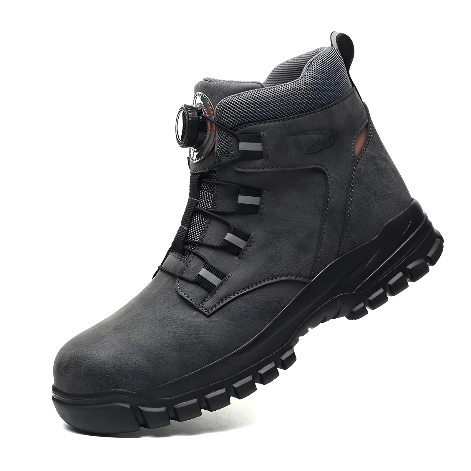 Leather upper labour protection shoes with rubber sole in black, shown on a size chart.