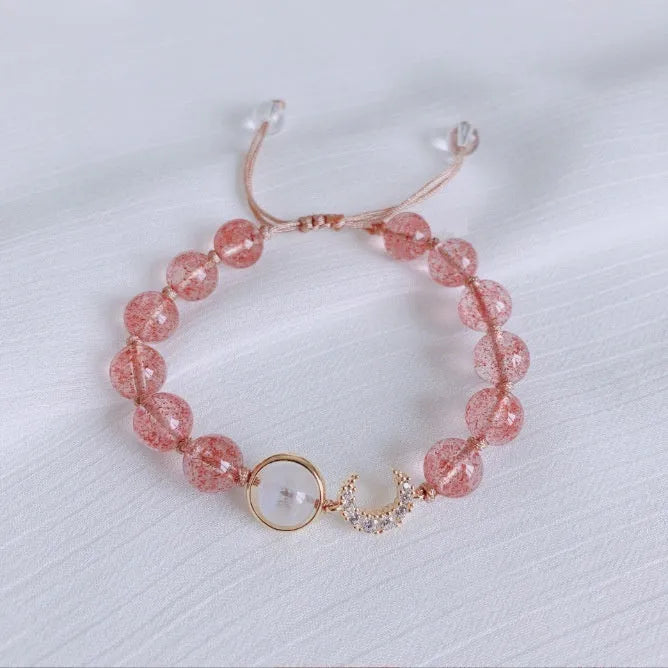 Handmade strawberry quartz crystal bracelet with green crystal moon charms for girls