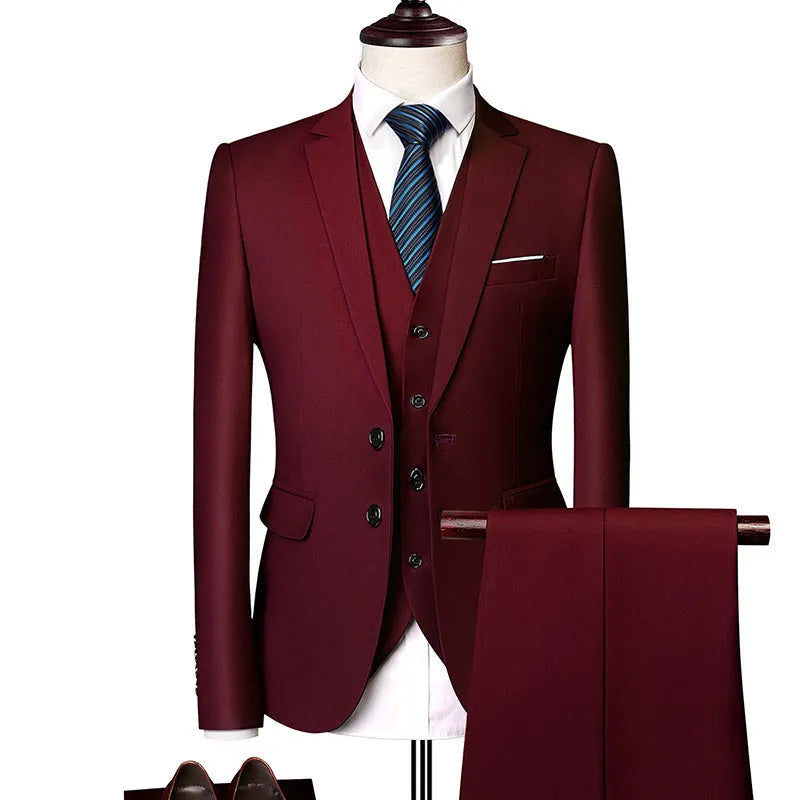 Men's three-piece slim-fit suit set showing jacket, trousers, and waistcoat in multicolour options including black, grey, and navy