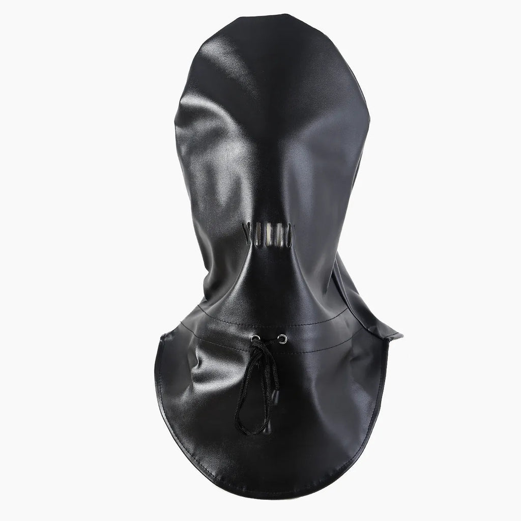 Black leather training mask with eye openings and adjustable strap