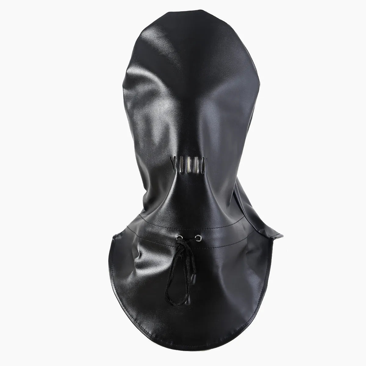 Black leather training mask with eye openings and adjustable strap