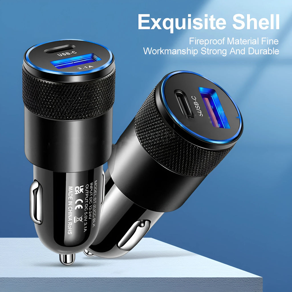 Aluminium alloy car phone charger with compact 2.5 by 6 cm dimensions