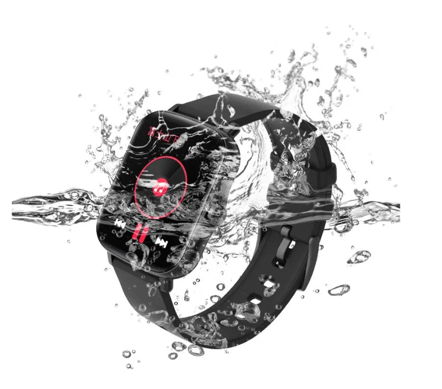 Smart watch with blue strap and 1.7-inch colour touch screen displaying time and heart rate.