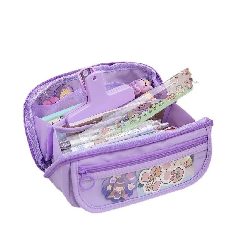 Korean style canvas pencil case with ten-layer flip design open to show multiple pen compartments.
